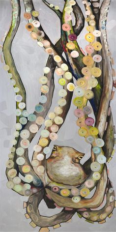 an abstract painting with buttons on the tree branches and a bird perched on top of it