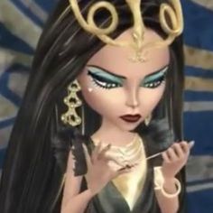 an animated image of a woman with long black hair wearing gold jewelry and holding scissors