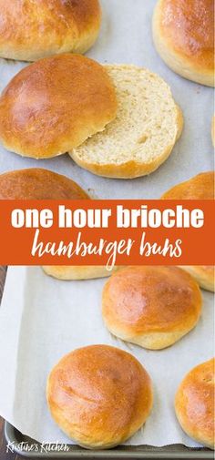 one hour brioche hamburger buns on a baking sheet with text overlay