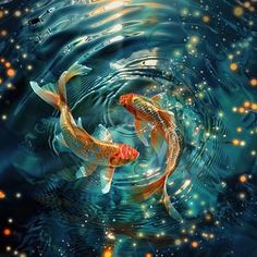 two koi fish swimming in the water with fireflies on it's side