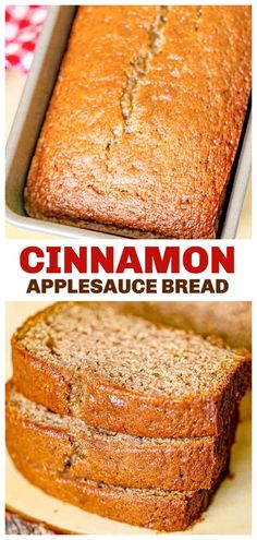 cinnamon apple bread with applesauce in the background and an image of sliced bread on a cutting board