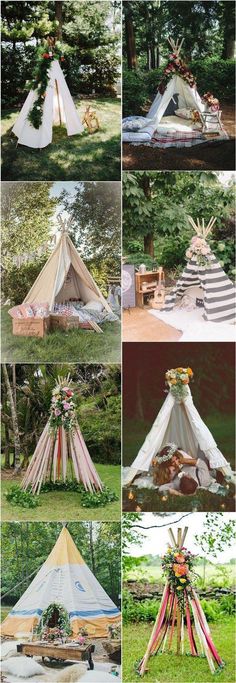 a collage of different types of teepees in the grass with flowers on them