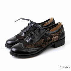 Lasaky - Lace Round-toe Flat Sole Low-cut Shoes 20s Shoes, Heeled Oxfords, Heeled Brogues, Womens Oxfords Shoes, Lace Up Loafers, Oxford Shoes Heels, Oxford Shoes Outfit, Low Cut Shoes, Lace Flats