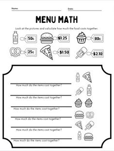 a printable worksheet for kids to learn how to use the menu math