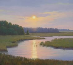 an oil painting of the sun setting over a marshy area with grass and trees