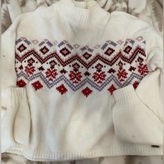 Christmas Sweater Such Nice Material Very Soft And Super Cute Never Worn Christmas Cute Sweater, Chunky Christmas Sweater, Knitted Christmas Sweaters, Aesthetic Christmas Clothes, White Nordic Winter Tops, White Long Sleeve Tops With Fair Isle Pattern, White Long Sleeve Top With Fair Isle Pattern, White Long Sleeve Nordic Top, Cozy White Sweater For Holidays