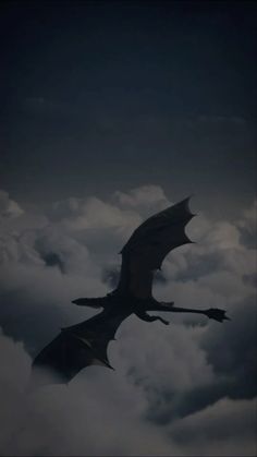 a black dragon flying through the sky above clouds