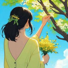 a woman standing under a tree with flowers in her hand and looking at the sky