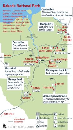 the kakadu national park map is shown in red and green, with several locations marked