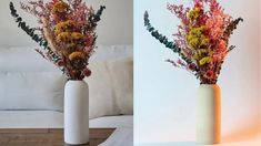 two vases filled with flowers sitting on top of a table next to a couch