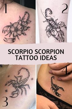 four scorpion tattoos on the back of women's stomach, with three different designs