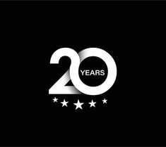 the twenty years logo with five stars in white on a black background, which reads 20 years