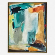 an abstract painting with blue, yellow and orange colors on it's frame hanging on the wall