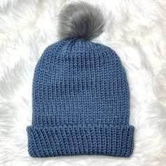 New, Knit Hat, 100% Acrylic Yarn With Faux Fur Pom Pom. Can Be Folded Over Or Worn Slouchy, Adult Size, Measurements In Photos Blue Knit Beanie Cap, Blue One Size Knit Beanie, Blue One-size Knit Beanie, Adjustable Gray Crochet Hat, Warm Gray Crochet Hat For Fall, Blue Knit Winter Hat, Cozy Gray Soft Knit Hat, Blue Acrylic Yarn Winter Hat, Blue Knit Beanie One Size