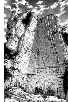 an illustration of a man standing in front of a large rock formation with clouds overhead