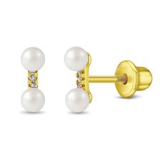 Our elegant bar-shaped earrings for little girls, featuring two white simulated pearls on each end and a center adorned with sparkling clear cubic zirconia stones. Crafted from 925 sterling silver flashed with a delicate yellow gold, these earrings are hypoallergenic and gentle on sensitive skin. The secure screw-back closure ensures they stay safely in place, making them a sweet choice for both special occasions and everyday wear. Combining style with comfort, these earrings add a touch of soph Elegant Bar, Place Making, Teen Jewelry, Jewelry Picture, Childrens Jewelry, Girls Earrings, Gold Plated Sterling Silver, Girls Accessories, Sterling Silver Earrings