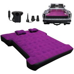 an inflatable bed is shown with accessories for the vehicle and its trunk compartment