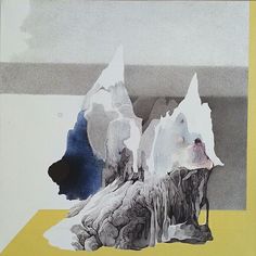 an abstract painting with white, blue and yellow colors on the bottom half of it