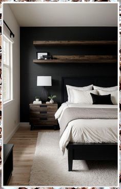 Discover how to create a tranquil oasis with our stunning bedroom minimalist ideas. This guide showcases simple yet elegant designs that prioritize peace and functionality, perfect for transforming your space into a serene retreat. Embrace the beauty of minimalism with clever storage solutions, calming color palettes, and decor tips that enhance relaxation. Elevate your bedroom into a sanctuary of comfort and style today! Black And Grey Bedroom, Black Walls Bedroom, Mens Bedroom Decor, Mens Bedroom, Dekorasi Kamar Tidur, Black Bedroom, Bedroom Refresh, Master Bed, Home Alone