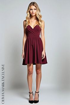 Olivia Mark - Elegant Wrap Front Cocktail Dress Burgundy A-line Dress For Date Night, Luxurious Fabric, Flowing Skirt, Burgundy Dress, Fitted Bodice, Olivia Mark, Luxury Fabrics, Timeless Pieces, Elegant Dresses