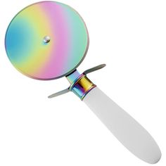 a multicolored knife with a white handle on the end and a rainbow colored blade sticking out of it