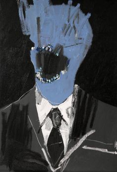 a painting of a man in a suit and tie with blue paint on his face