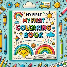 the first coloring book is surrounded by crayons and pencils on a blue background