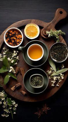 tea and spices arranged on a wooden tray