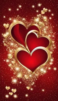 two hearts on a red background with gold sparkles in the shape of hearts and stars