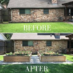 before and after pictures of a brick house with raised planters in the front yard