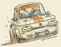 a drawing of an old car with the hood up and some writing on it's side