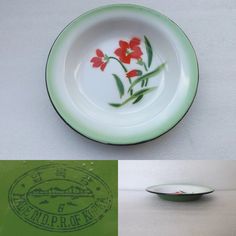 two plates with flowers painted on them, one is green and the other is white