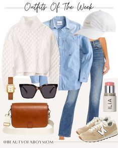 Cute Fall Outfits With Sneakers, Fall Fashion Inspo 2023, Casual Transitional Fall Outfits, Blue And White Sweater Outfit, Travel Fall Outfits Women, Fall 2023 Outfits Women, Blue Purse Outfit Ideas, Coastal Fall Outfits, Daily Look Outfits