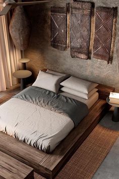 Comment Adoptez Une Déco Bohème Chic Dans La Chambre ? Découvrez les indispensables - Cala Comtesa Artwork As Headboard, Japandi Aesthetic, Design Ložnic, Basement Room, Bedroom 2024, Bed Platform, Concrete Architecture, Oil Cake, Modern Rustic Homes