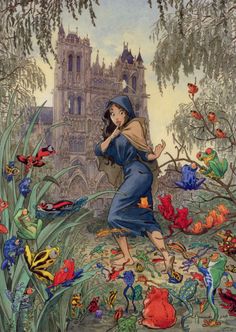 a painting of a woman in blue dress surrounded by flowers and plants with a castle in the background