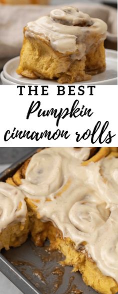 the best pumpkin cinnamon rolls with icing on top are shown in this collage