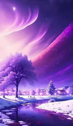 a purple sky with stars and trees in the snow next to a river at night