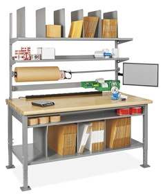 a workbench with two shelves and several bins