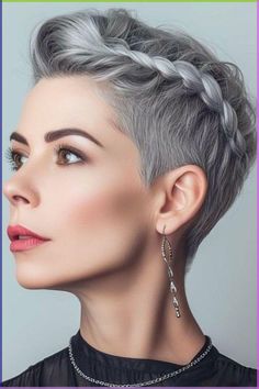 The braided short gray pixie cut features an edgy look paired with a dash of romance. This hairstyle is an excellent choice for a special occasion when you don’t have much time to style your hair. @kratkovlasky.cz Pixie Braids Hairstyles, Short Braided Hairstyles, Short Gray Hair, Mommy Hair, Short Bob Braids, Vacation Hair, Grey Hair Looks, Braided Hairstyles Ideas, Gorgeous Braids