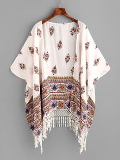 Floral Print Tassel Asymmetric Hem Kimono Looks Hippie, Kimono Online, Mode Kimono, Casual Kimono, Chiffon Kimono, Estilo Hippie, Fashion Tops Blouse, Trendy Fashion Tops, Muslim Fashion Outfits