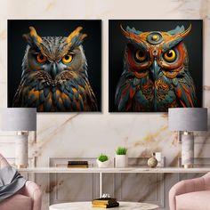 two pictures of an owl with yellow eyes are hanging on the wall in a living room