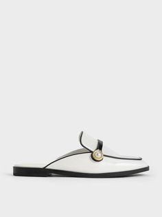 White Two-Tone Pearl-Embellished Loafer Mules | CHARLES & KEITH Classic White Slip-ons With Flat Heel, White Closed Toe Slip-ons For Office, White Pointed Toe Slip-ons For Work, Modern White Slip-ons For Work, Chic White Slip-ons For Office, Modern White Flats With Leather Sole, White Modern Slip-on Flats, Classic White Flat Slip-ons, Chic Formal Slip-on Slippers