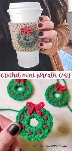 This holiday crochet pattern is great for beginners and also makes an easy applique, gift tag or garland in addition to an adorable coffee cozy! Mini Christmas Wreath, Crochet Mug Cozy, Crochet Cup Cozy, Mini Wreath