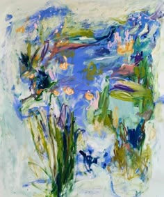 an abstract painting with flowers and water lillies in blue, green, yellow and white colors