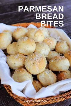 homemade parmesan bread bites in a wicker basket on a wooden table with text overlay