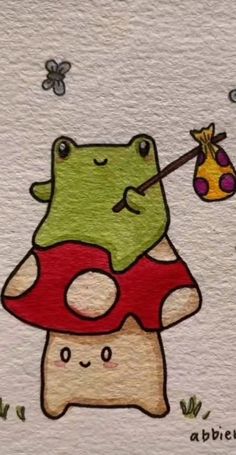 a drawing of a frog with a mushroom on it's back