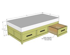 an image of a bed with drawers on the bottom and bottom part of it, showing measurements