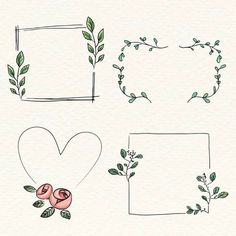 four hand drawn frames with flowers and leaves on them, one has a heart in the middle