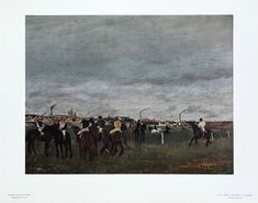 a painting of horses and jockeys on a cloudy day