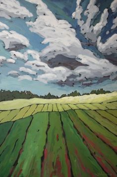 a painting of a green field under a cloudy sky